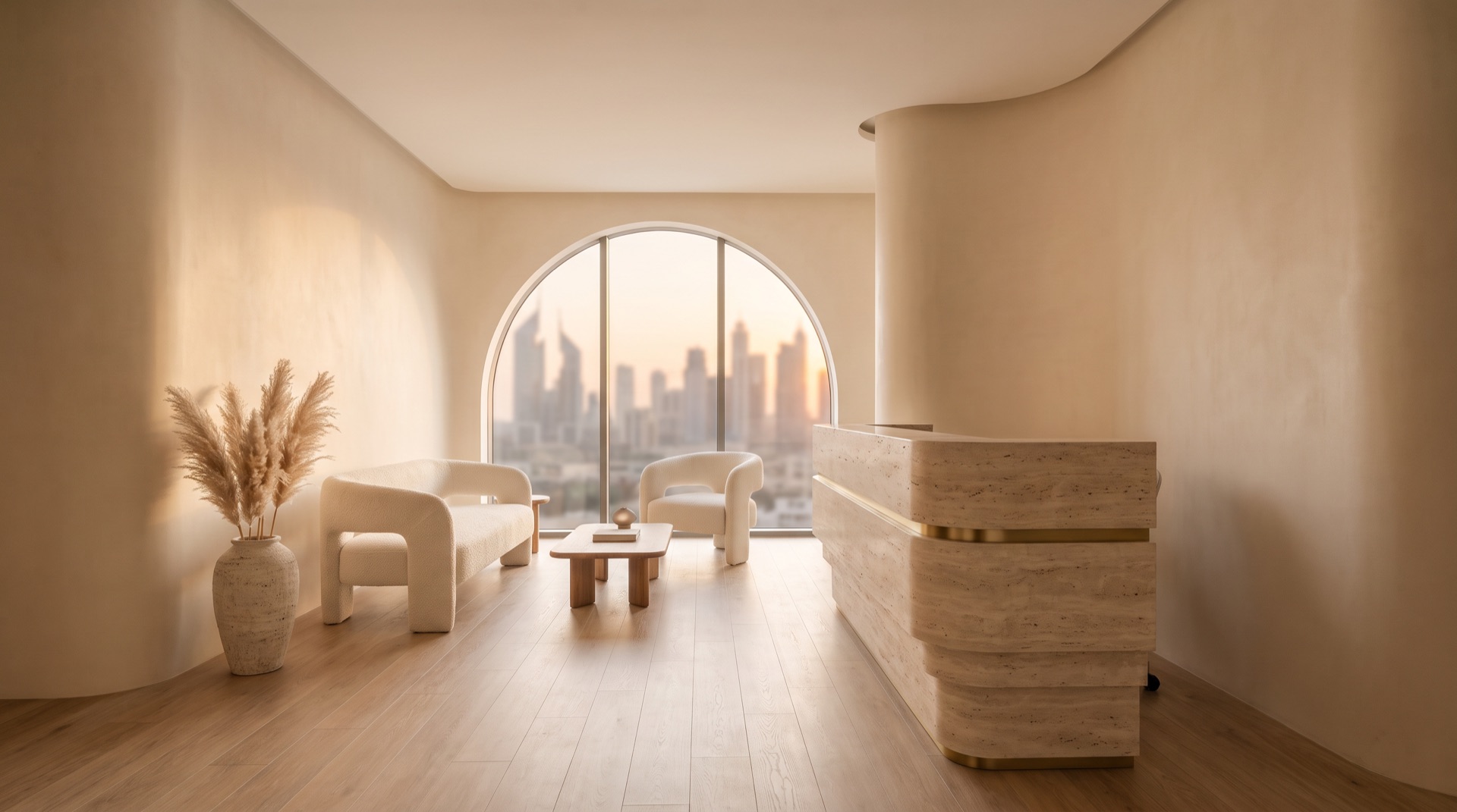 The calm, warmly lit lounge of STATUS CLINIC in Business Bay with an arched window overlooking the Dubai skyline