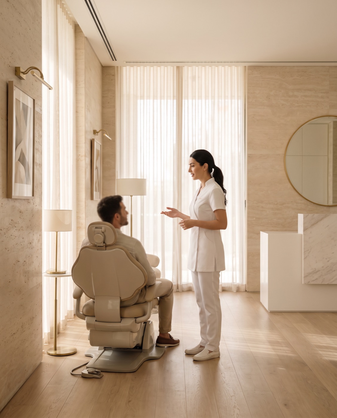 A dentist calmly explaining a jaw and bite assessment to a patient in a warm, elegant consultation room at STATUS CLINIC